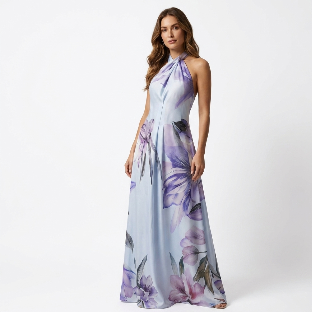 Astreia - Langes Kleid mit floralem Dekolleté und Trägern