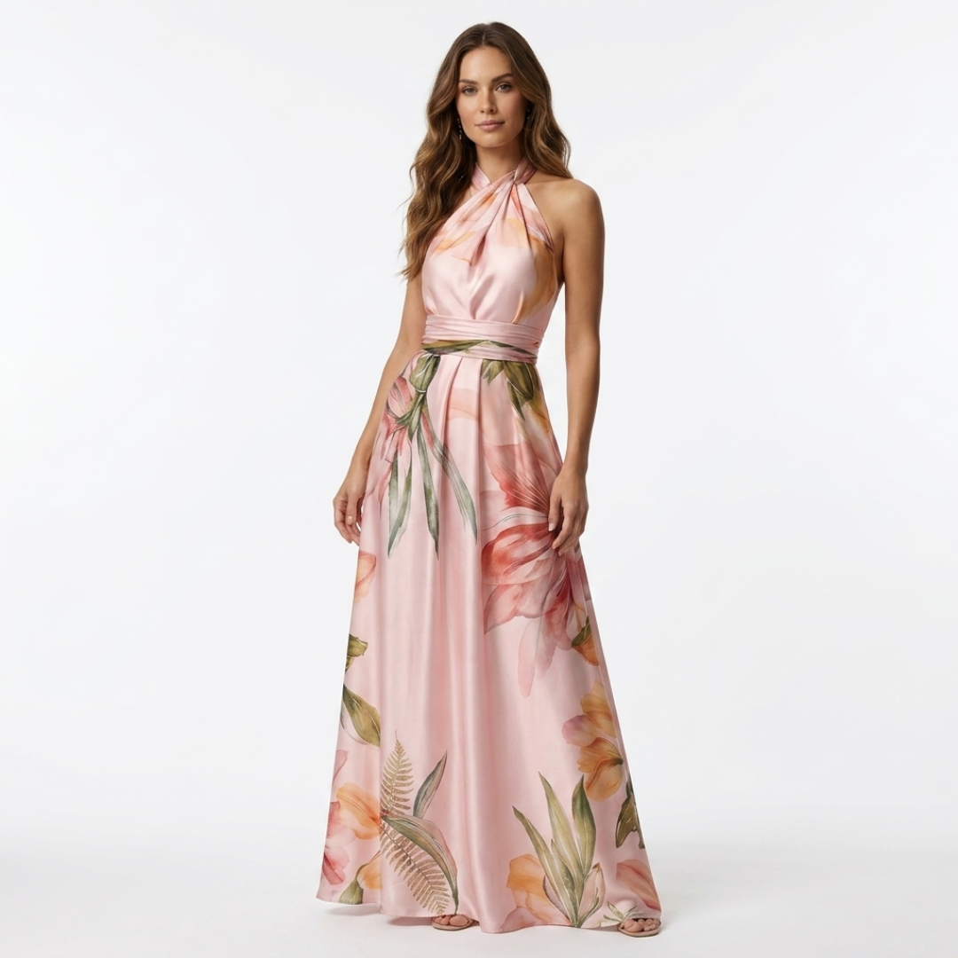 Astreia - Langes Kleid mit floralem Dekolleté und Trägern