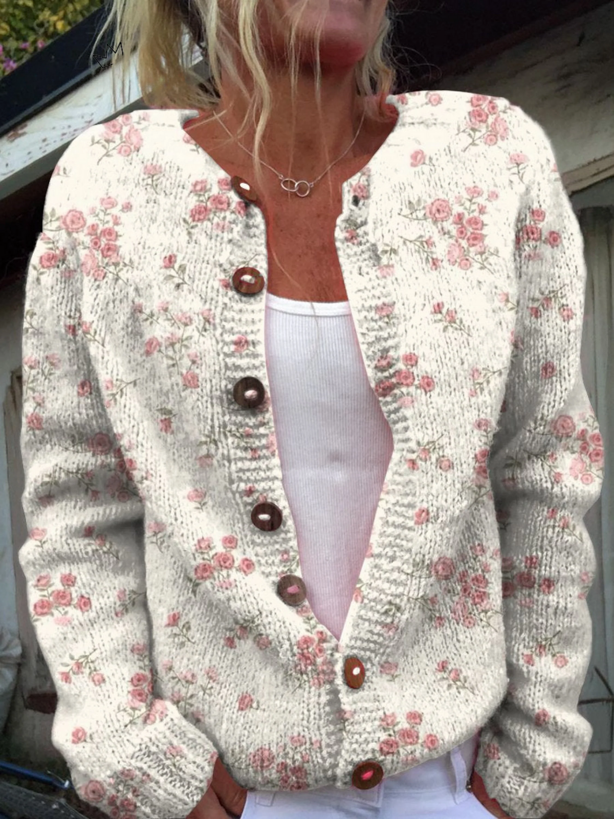Rosa Rosenmuster Strickjacke mit Knöpfen