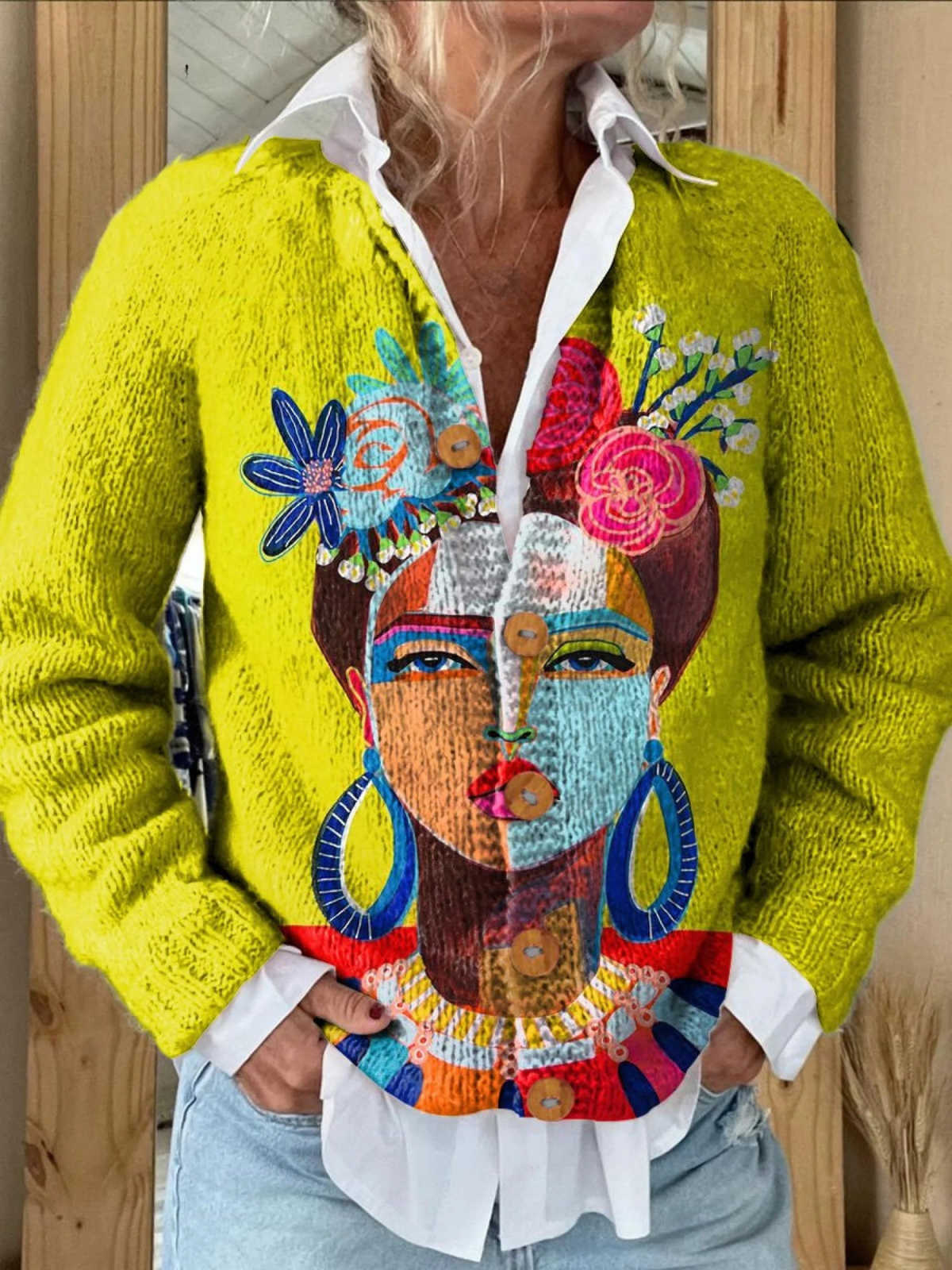 Strickjacke mit künstlerischem Porträt und Knöpfen