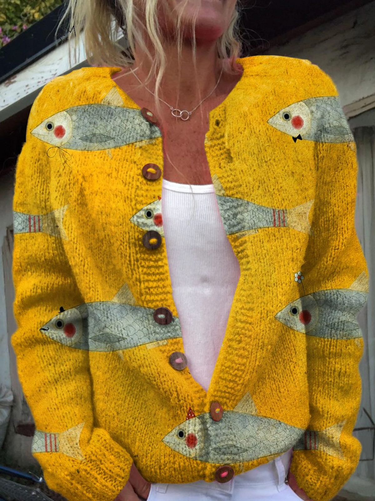 Vintage Strickjacke mit künstlerischem Fisch- und Sardinenmuster und Knöpfen