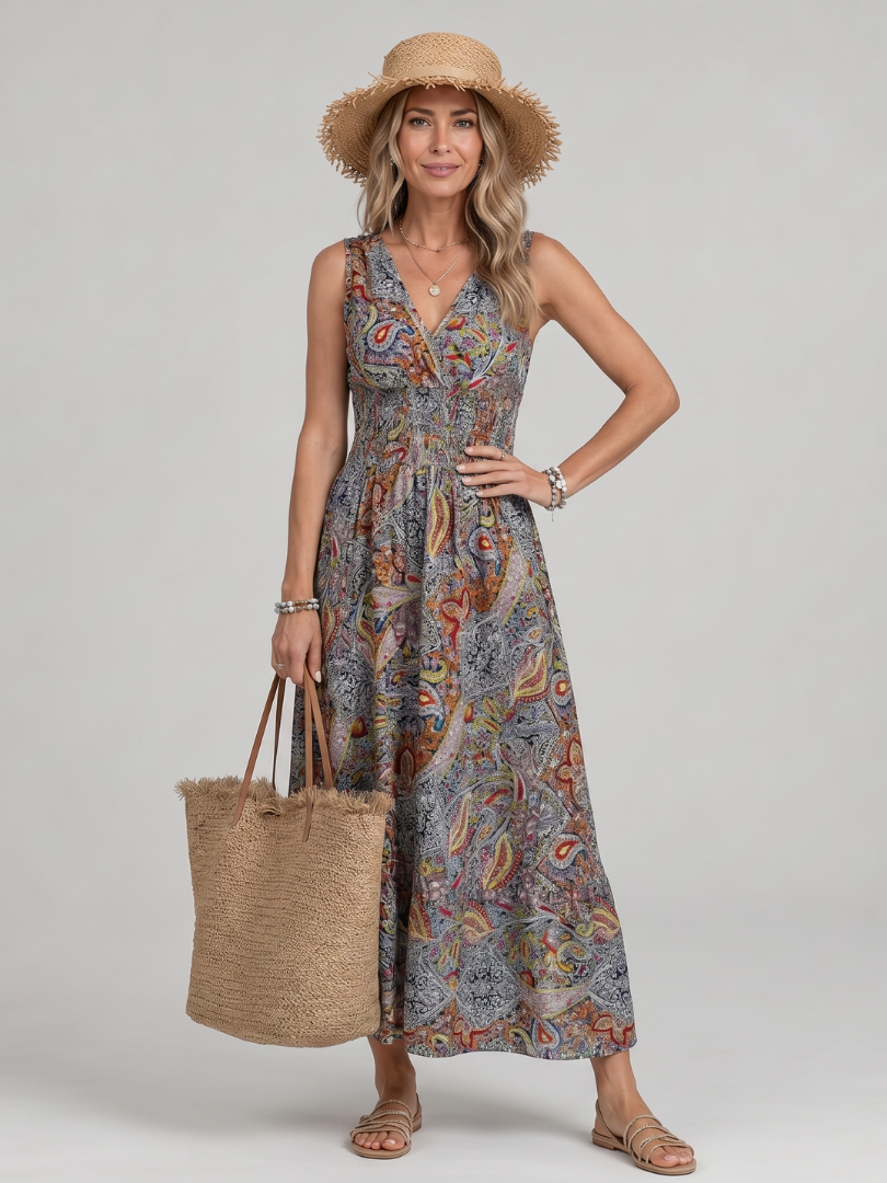 Marisela | Midi Kleid ohne Ärmel mit Paisley-Muster