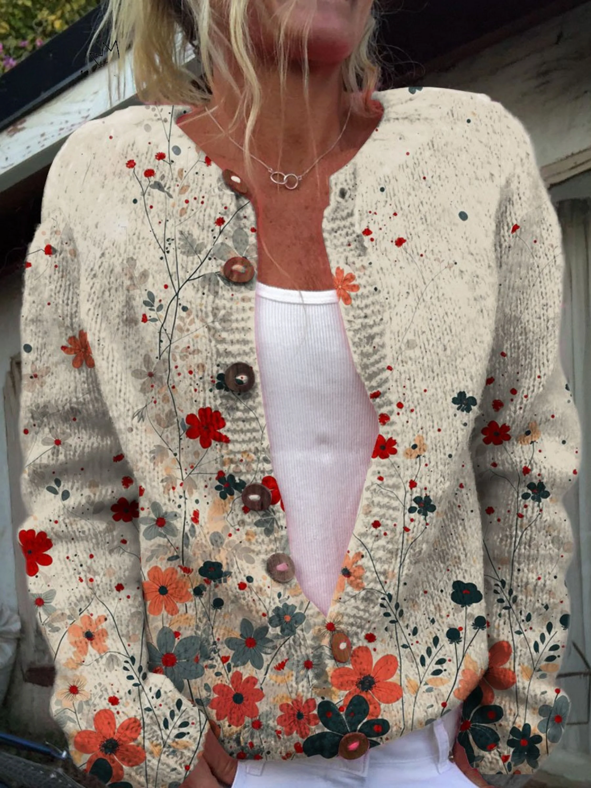 Vintage Strickjacke mit Blumenmuster und Knöpfen