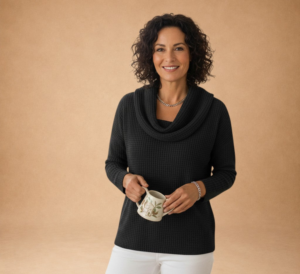Marina – Warmer Strickpullover mit Waffelstruktur und elegantem Drapée-Kragen