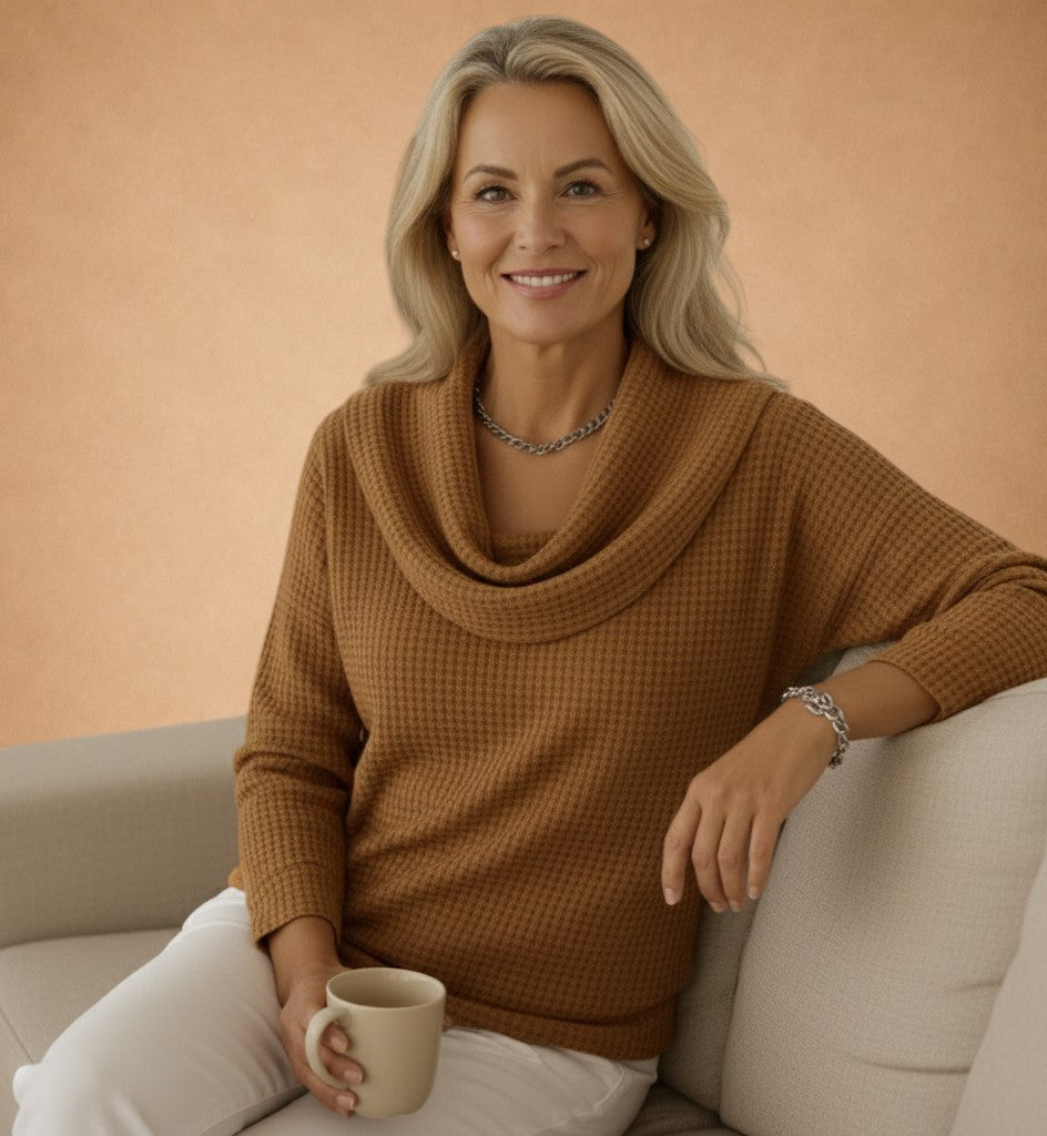 Marina – Warmer Strickpullover mit Waffelstruktur und elegantem Drapée-Kragen