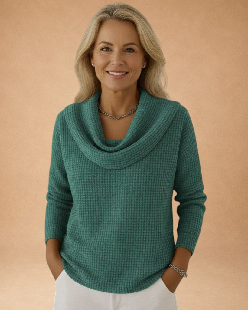 Marina – Warmer Strickpullover mit Waffelstruktur und elegantem Drapée-Kragen