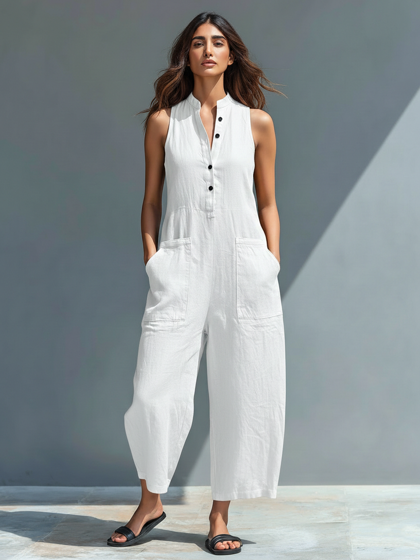 Brisa | Bequemer ärmelloser Jumpsuit mit Knöpfen vorne