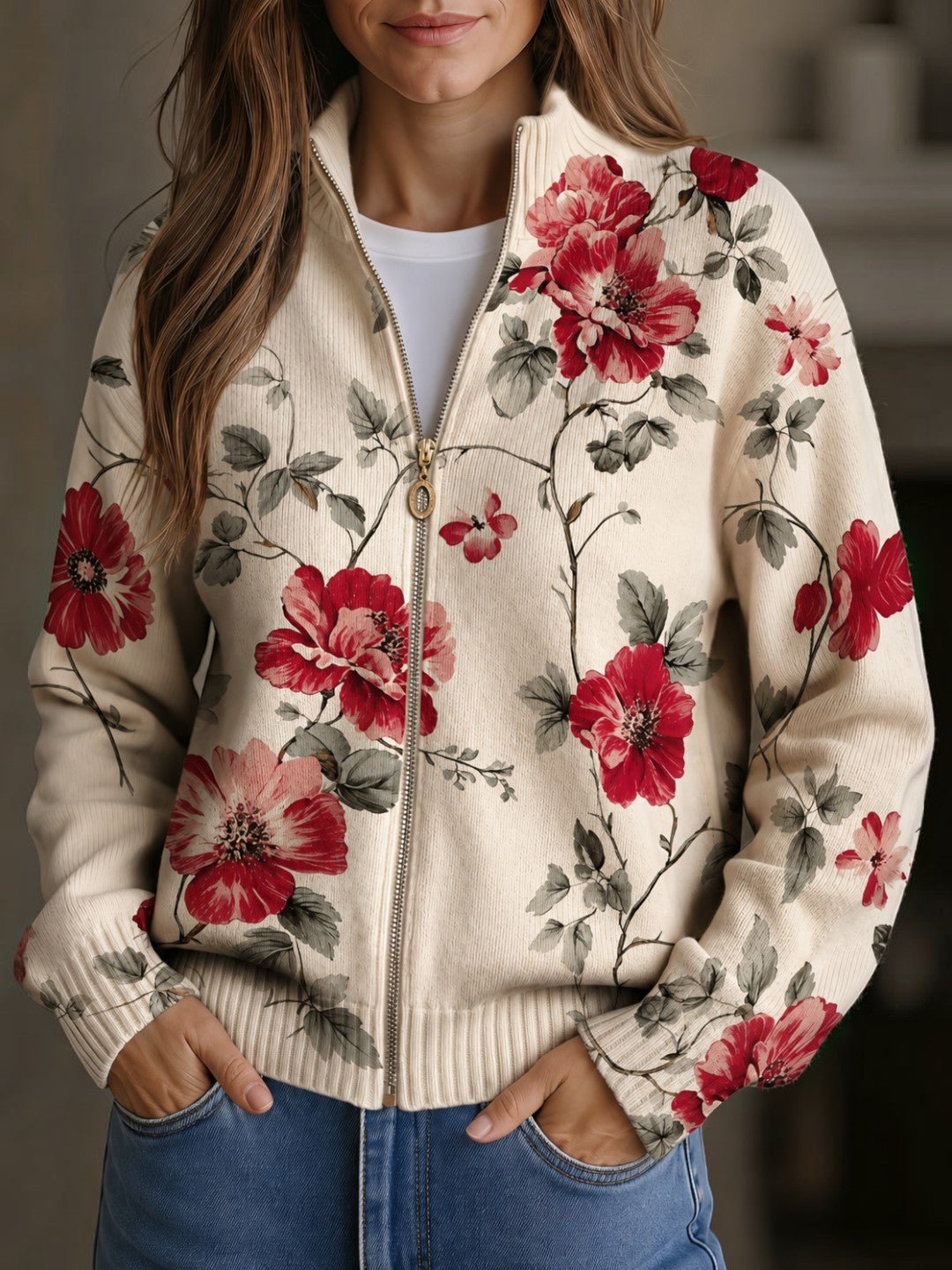 Monika | Cardigan mit Vintage Rosa Design