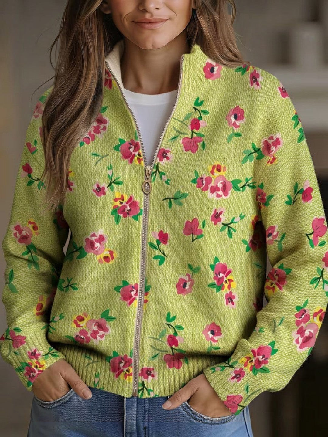Elke | Grünes Cardigan mit Blumenmuster