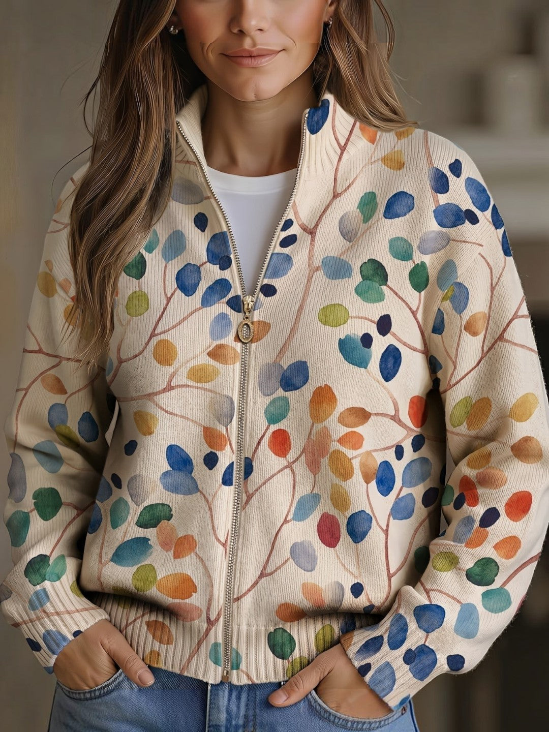 Anja | Cardigan mit Buntem Blattmuster