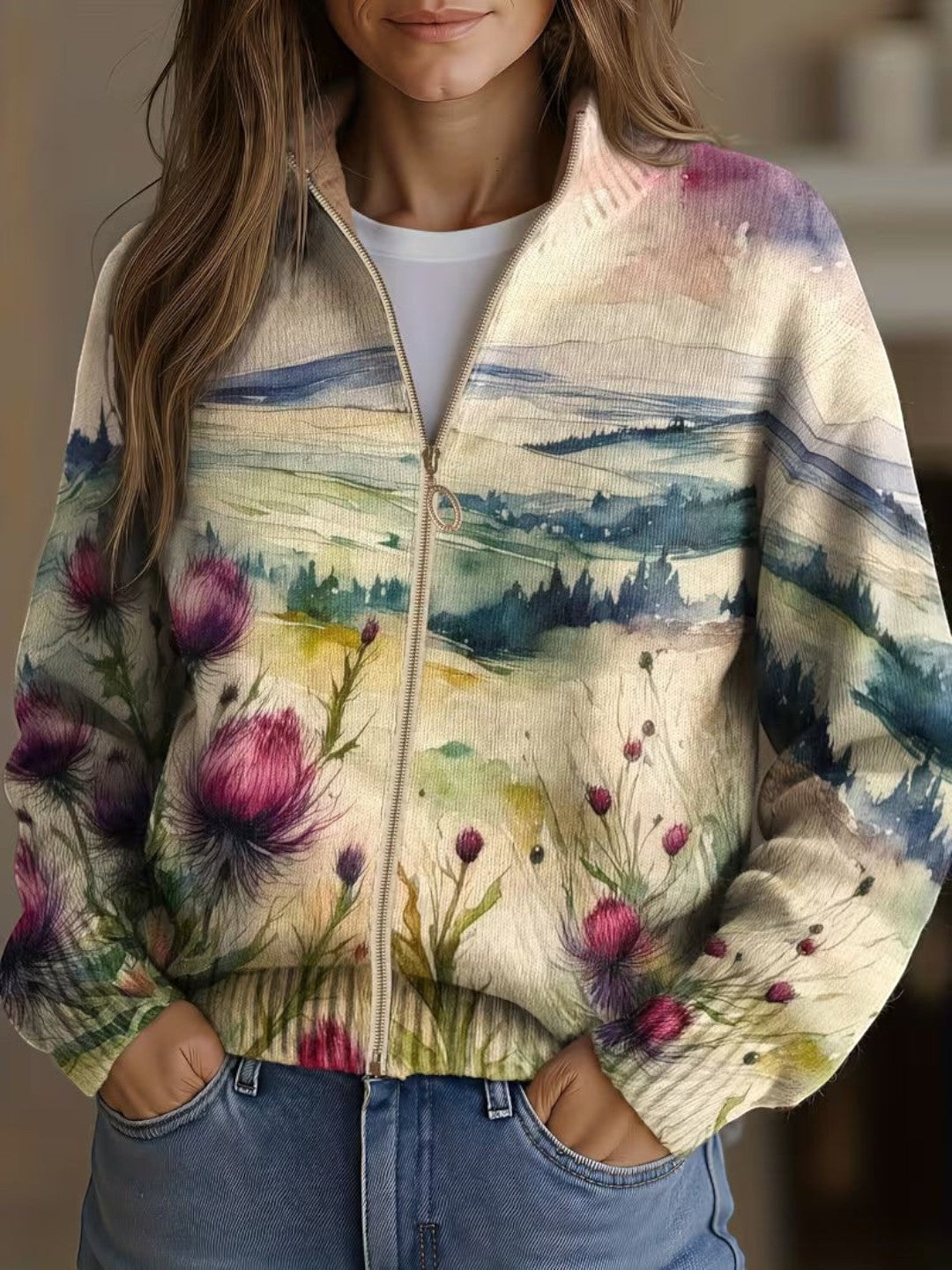 Heike | Cardigan mit Kleeblatt- und Landschaftsmuster