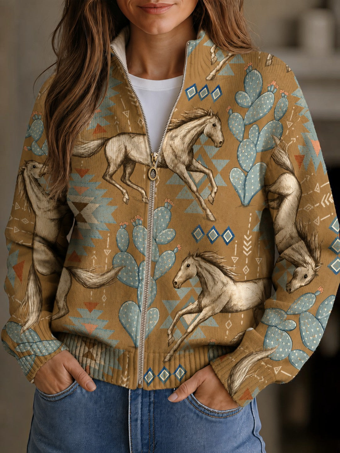 Brigitte | Cardigan mit Pferde- und Kaktusdesign