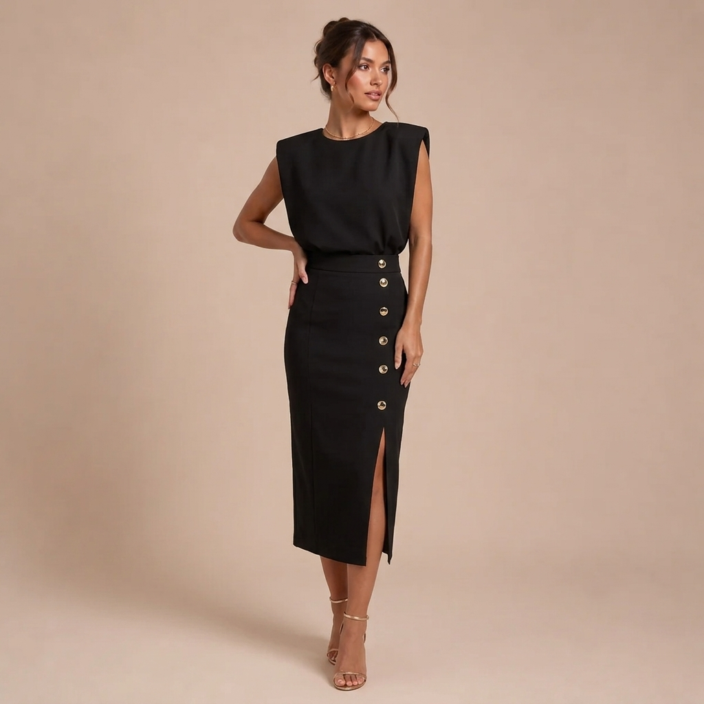 Midi Ärmelloses Kleid mit Dekorativen Knöpfen