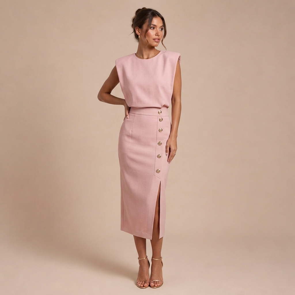 Midi Ärmelloses Kleid mit Dekorativen Knöpfen