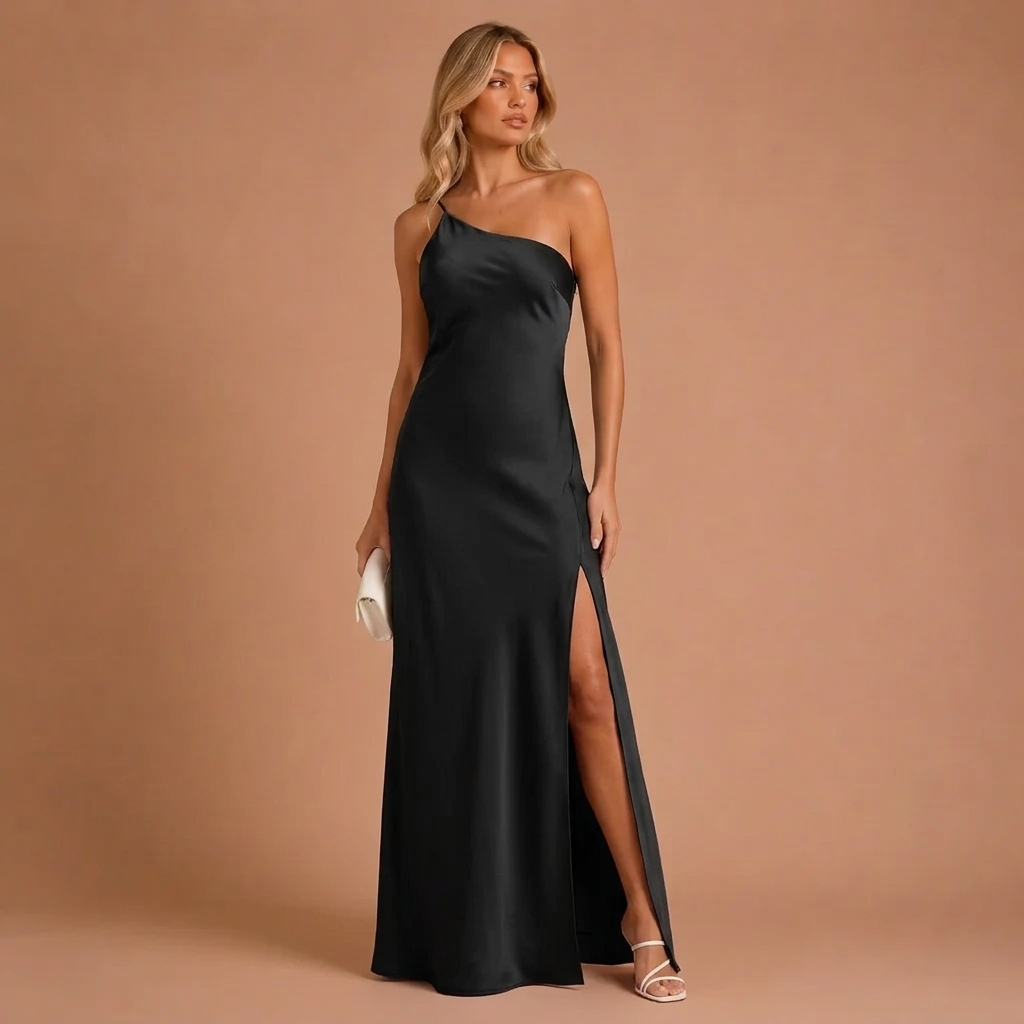 Maxi-Satin-Kleid mit einem Schulterträger und seitlichem Schlitz